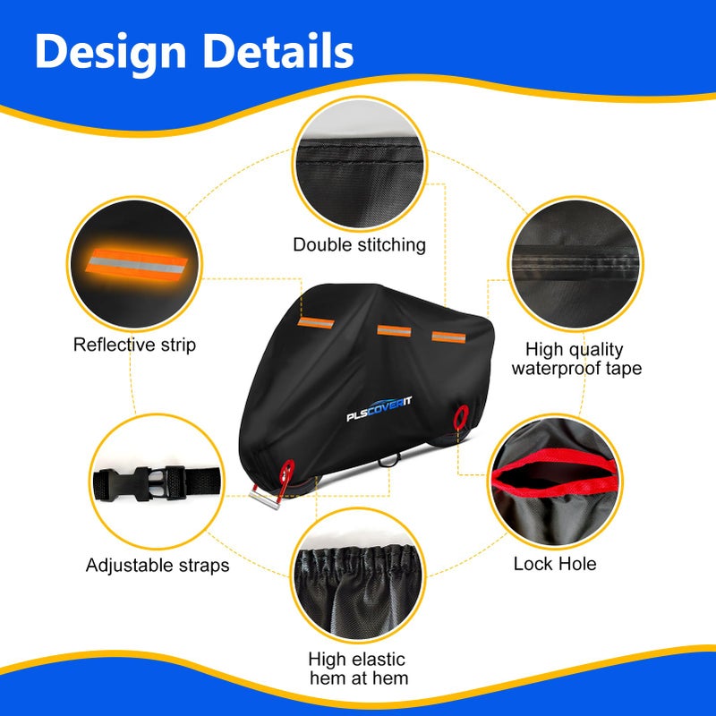 Plscoverit Motorcycle Cover, 600D Heavy Duty Waterproof Motorbike Cover, Dustproof Motorcycles Vehicle Cover Scooter Shelter Protection with Reflective Strips & Storage Bag 97.5"" x 41"" x 50"" - Image 4